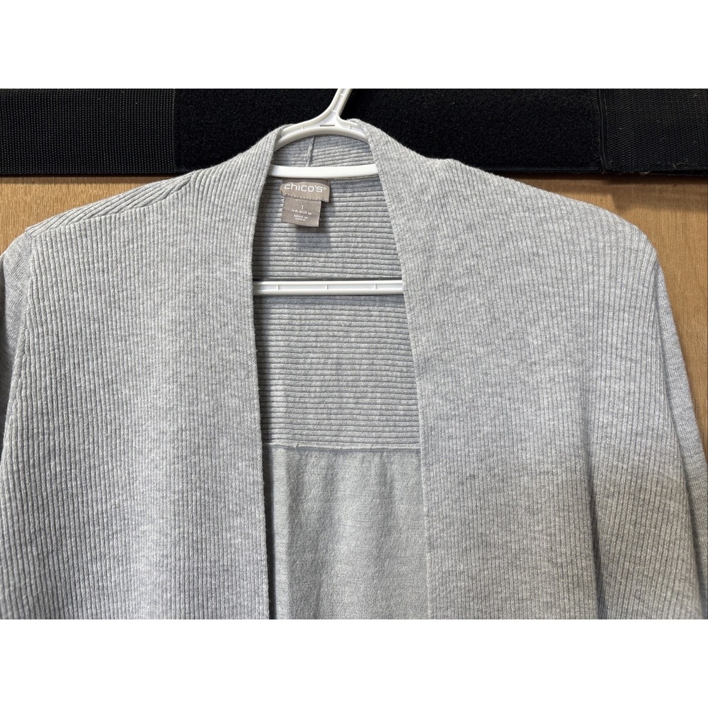 Chicos Travelers Cardigan Womens Medium 1 Gray‎ Textured Knit 3/4 Sleeve Open